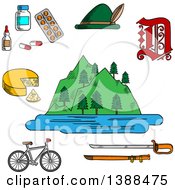 Poster, Art Print Of Sketched German Alps Mountains Forest And Lake Surrounded By Bavarian Hat And Cheese Medication And Gothic German Letter Bicycle And Medieval Sword