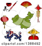 Poster, Art Print Of Sketched Dragon Paper Lantern Folding Fan China Man Hieroglyph And Coins Around A Map Of China