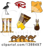 Poster, Art Print Of Sketched Ancient Egyptian Queen Nefertiti Map Of Egypt Cat Pyramids And Camels Temple Columns Eye Of Horus And Sacred Heron