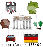 Poster, Art Print Of Sketched German Icons With Map And Flag Eagle Emblem And Oak Branches Wooden Barrel Of Beer Car And Brandenburg Gates