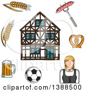 Poster, Art Print Of Sketched Beer Mug Grilled Sausage Pretzel Football Ball Woman In National Costume Barley And Traditional German Half-Timbered Building