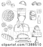 Black And White Sketched Female Baker With Goods