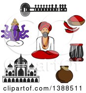 Poster, Art Print Of Sketched Sitar Fresh Chili Pepper And Chili Powder Tabla Drum Vase Ancient Temple God Vishnu Bearded Man In Turban In Lotus Pose