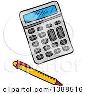 Clipart Of A Sketched Pen And Calculator Royalty Free Vector Illustration by Vector Tradition SM