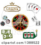 Poster, Art Print Of Sketched Casino Sign Playing Cards Dice Roulette Poker Chips And Cash