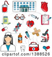 Sketched Hospital Nurse And Medical Items