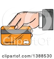 Clipart Of A Sketched Mans Hand Holding Out A Credit Card Royalty Free Vector Illustration by Vector Tradition SM