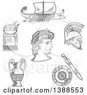 Black And White Sketched Greek Emperor Amphora Soldier Helmet Shield Sword Fire Bowl And Warship Galley