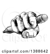 Clipart Of A Retro Black And White Woodcut Or Engraved Fisted Hand Holding A Pencil Royalty Free Vector Illustration by AtStockIllustration