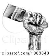 Clipart Of A Retro Black And White Woodcut Fisted Hand Holding Up A Paintbrush Royalty Free Vector Illustration