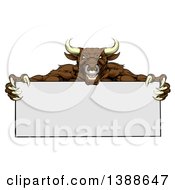 Poster, Art Print Of Vicious Mad Brown Bull Mascot With Claws Holding A Blank Sign