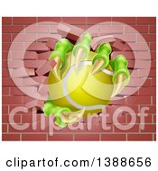 Poster, Art Print Of Monster Claws Holding A Tennis Ball And Breaking Through A Brick Wall