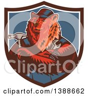 Clipart Of A Retro Woodcut Eurasian Brown Bear Handman Holding Tools With Folded Arms In A Shield Royalty Free Vector Illustration