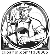 Retro Black And White German Man Wearing Lederhosen And Raising A Beer Mug For A Toast