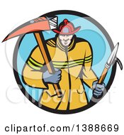 Cartoon White Fireman Carring A Hook And Axe In A Blue And Black Circle