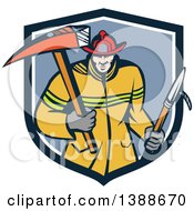 Cartoon White Fireman Carring A Hook And Axe In A Blue And White Shield