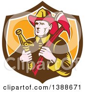 Poster, Art Print Of Retro Woodcut Fireman Holding An Axe And Hose In A Shield