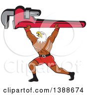 Poster, Art Print Of Cartoon Bald Eagle Plumber Man Lifting A Monkey Wrench