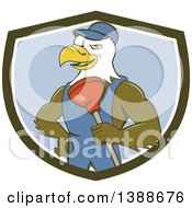 Poster, Art Print Of Cartoon Bald Eagle Plumber Man Holding A Plunger In A Green White And Blue Shield