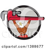 Poster, Art Print Of Cartoon Bald Eagle Plumber Man Lifting A Monkey Wrench In A Black And Gray Circle