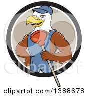 Poster, Art Print Of Cartoon Bald Eagle Plumber Man Holding A Plunger In A Black White And Taupe Circle
