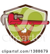Poster, Art Print Of Cartoon Bald Eagle Plumber Man Lifting A Monkey Wrench In A Brown White And Green Shield