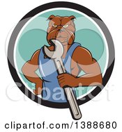 Poster, Art Print Of Cartoon Bulldog Man Mechanic Holding A Wrench And Emerging From A Black White And Turquoise Circle