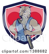 Poster, Art Print Of Cartoon Bulldog Man Mechanic Holding A Wrench And Emerging From A Blue White And Red Shield