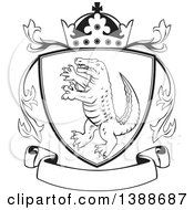 Clipart Of A Retro Black And White Alligator Or Crocodile Coat Of Arms Shield With A Crown And Blank Banner Royalty Free Vector Illustration