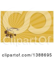 Clipart Of A Retro Woodcut Cherry Picker Mobile Lift Platform Machine And Orange Rays Background Or Business Card Design Royalty Free Illustration