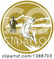 Poster, Art Print Of Retro Woodcut Fly Fisherman Reeling In A Trout Fish And Wading In A Lake Inside A Green And White Circle