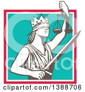 Retro Lady Justice Wearing A Crown Holding A Sword And Scales In A Square