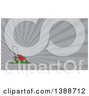 Poster, Art Print Of Cartoon Tough Red Lawn Mower Mascot On A Hill And Gray Rays Background Or Business Card Design