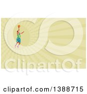 Poster, Art Print Of Retro Low Poly White Male Basketball Player Doing A Layup And Green Rays Background Or Business Card Design