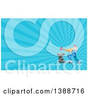 Clipart Of A Geometric Low Polygon Styled Blacksmith Worker Man Swinging A Sledgehammer On An Anvil And Blue Rays Background Or Business Card Design Royalty Free Illustration