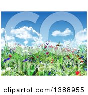 Poster, Art Print Of 3d Grassy Spring Hill With Wild Flowers Under A Blue Sky With Puffy Clouds