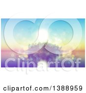 Poster, Art Print Of 3d Tropical Island With Palm Trees Against A Sunset Blurred With Flares