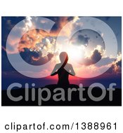 Poster, Art Print Of 3d Fit Silhouetted Woman Doing Yoga Against An Ocean Sunset