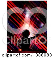 Poster, Art Print Of Silhouetted Female Dj Holding Her Arm Up In The Air Wearing Headphones And Mixing A Record Over Crossed Stripes