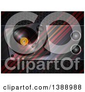 Clipart Of A Transparent Vinyl Record Turn Table And Speakers Over Diagonal Stripes And Metal Royalty Free Vector Illustration