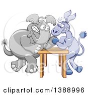 Poster, Art Print Of Cartoon Political Democratic Donkey And Republican Elephant Arm Wrestling