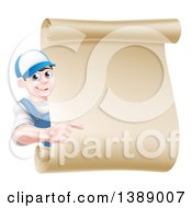 Happy Brunette Middle Aged Caucasian Mechanic Man In Blue Pointing Around A Blank Scroll Sign