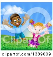Poster, Art Print Of Happy And Excited Black Boy And White Girl Jumping Outdoors