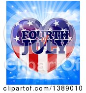 Poster, Art Print Of Fourth Of July American Flag Heart Over A Blue Sky With Clouds And Rays