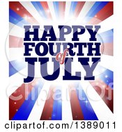 Poster, Art Print Of Happy Fourth Of July Greeting Over Red White And Blue Bursting Stripes