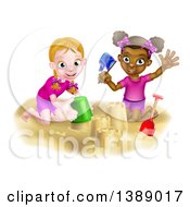 Poster, Art Print Of Happy White And Black Girls Playing And Making Sand Castles On A Beach