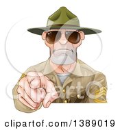 Mad White Male Army Boot Camp Drill Sergeant Wearing Sunglasses And Pointing At You