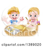 Poster, Art Print Of Cartoon Happy White Girl And Boy Making Pink Frosting And Star Shaped Cookies