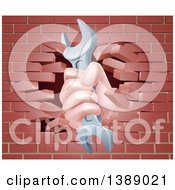 Poster, Art Print Of Cartoon Caucasian Hand Gripping A Wrench And Breaking Through A Brick Wall