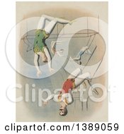 Poster, Art Print Of Four Male Trapeze Artists Performing At A Circus Swinging Through The Air Under The Big Top C 1895